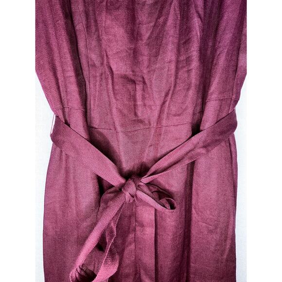 Lands' End Linen Cherry Red Burgundy Short Sleeve Tie Waist Mini Dress - Picture 3 of 9